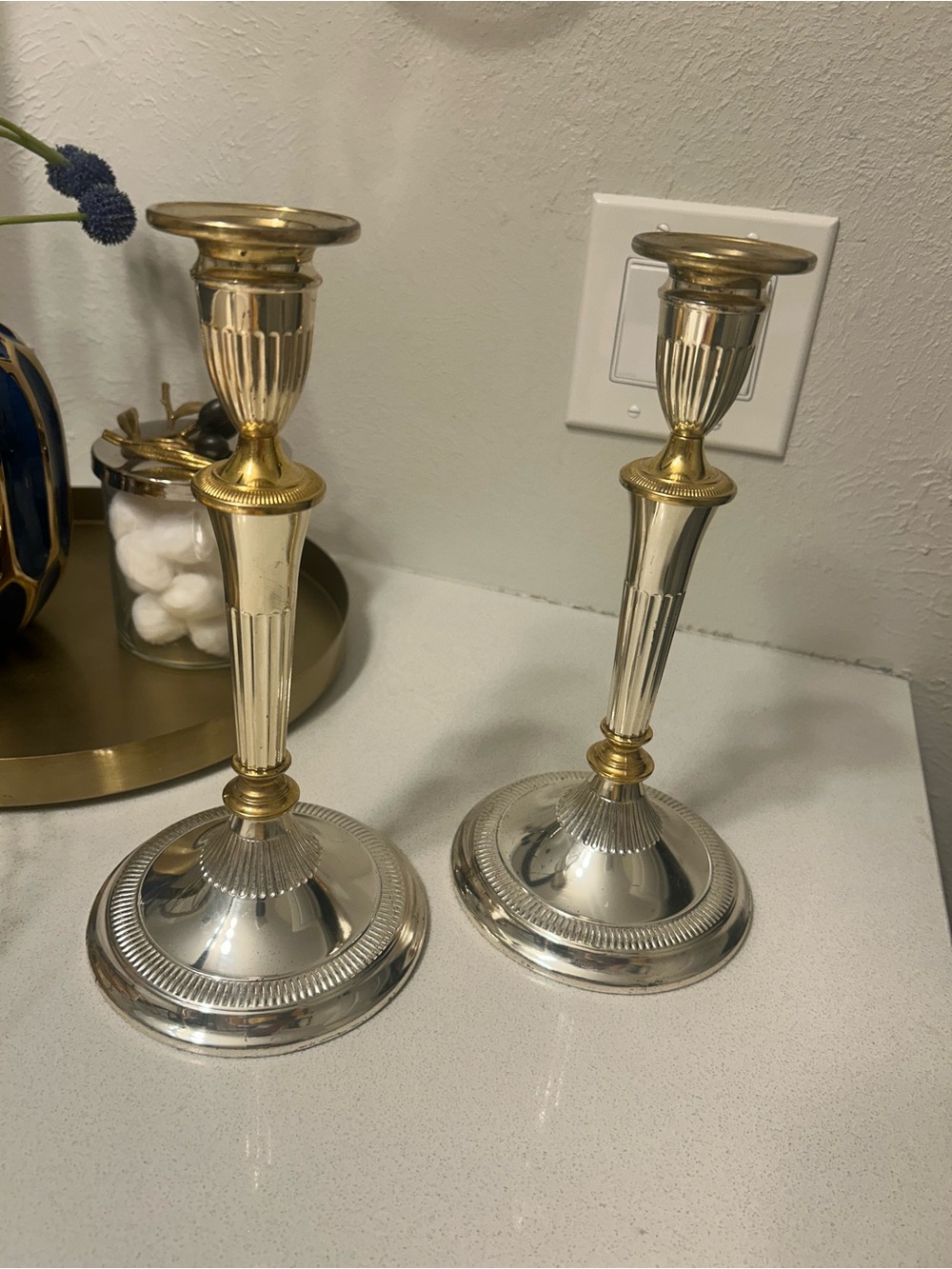 Gold and Silver Decorative Candlestick Pair - Elegant Home Accent